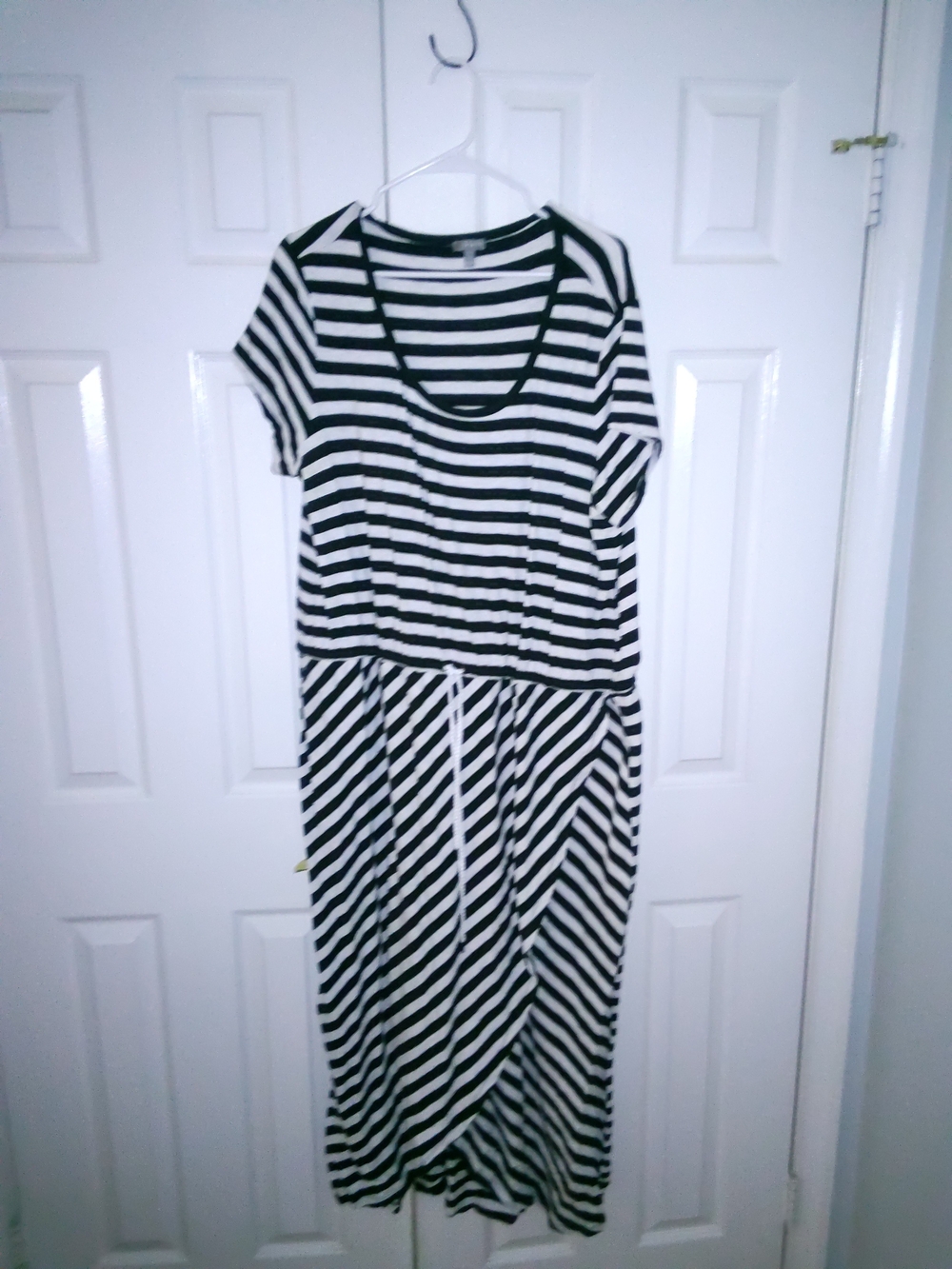 Talbots Black and White Striped Scoop-Neck Midi Dress with Diagonal Skirt